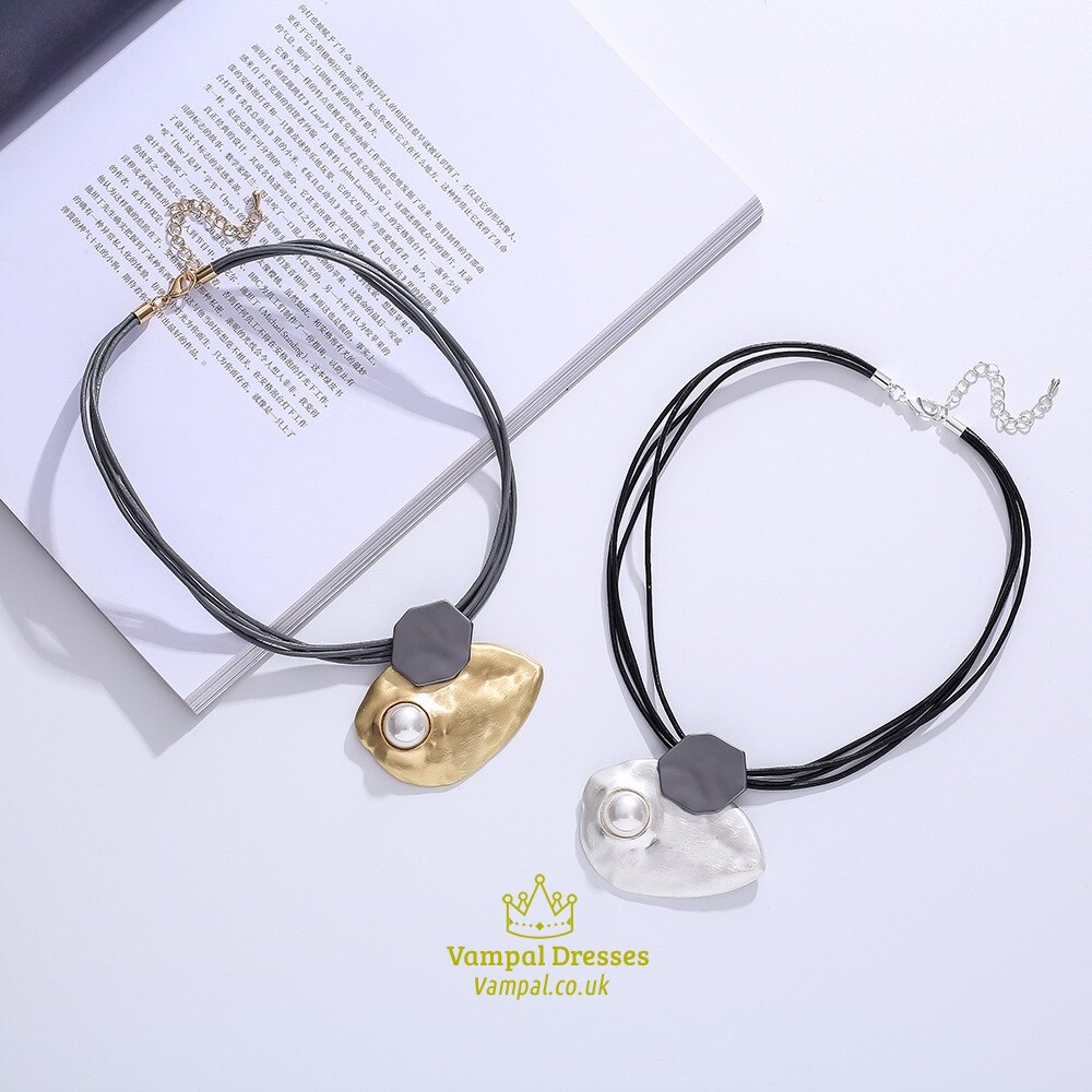 Multilayer Black Leather Pearl Choker Necklace With Irregular Metal Accents