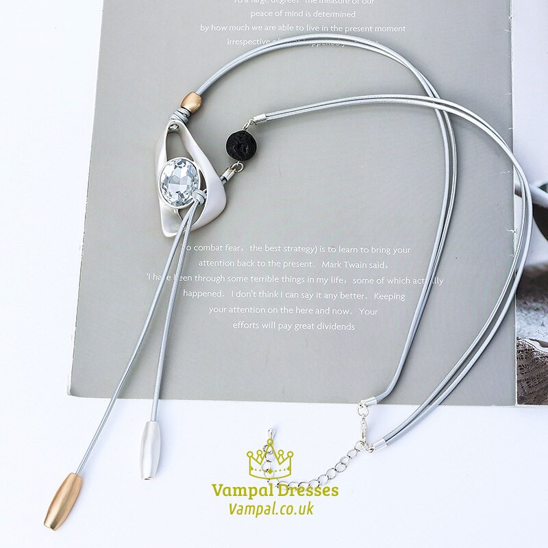 Retro Long Tassel Leather Necklace With Boho Crystal Pendant