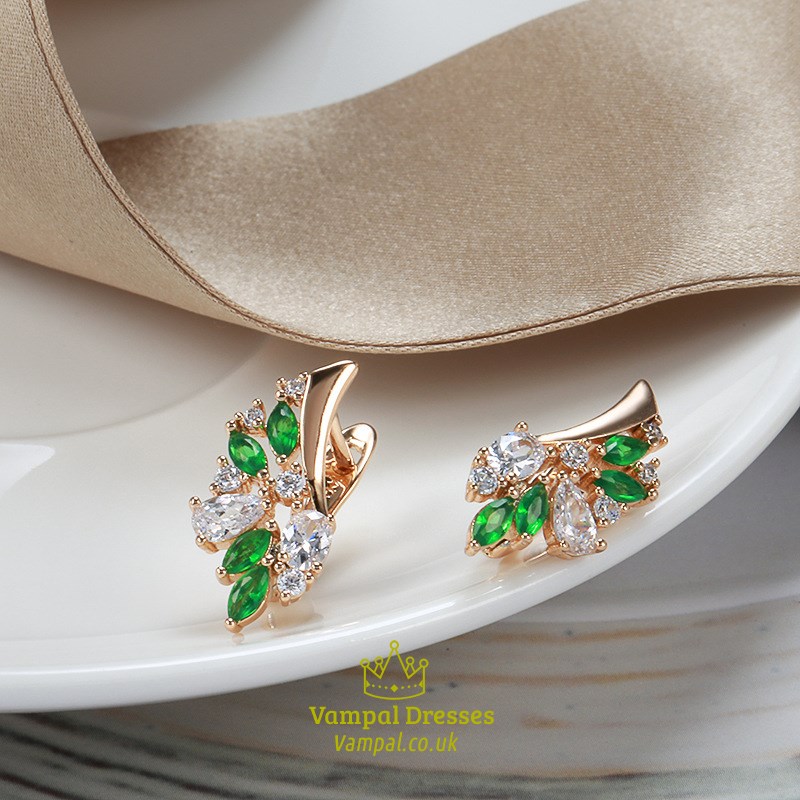 Leaf Shape Green Rose Gold Earrings With Natural Zircon Stone