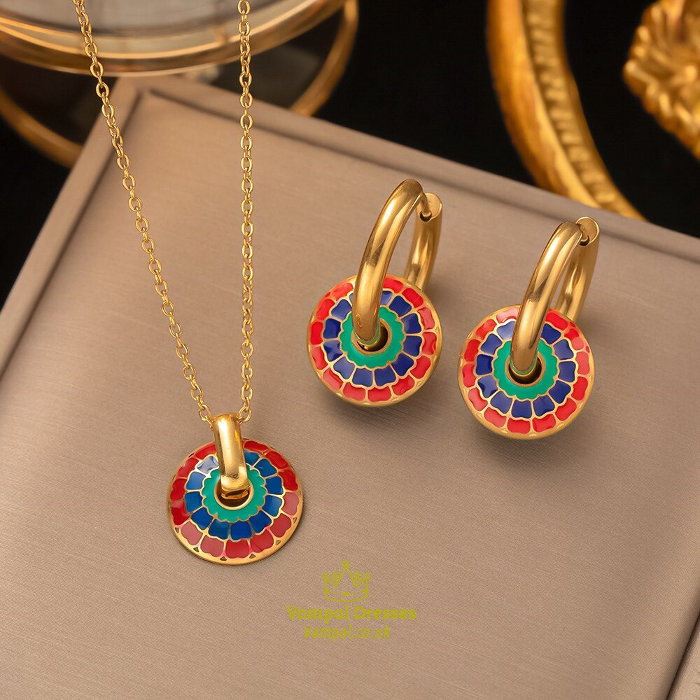 36L Luxury Jewelry Set Bohemain Colorful Circle Pendant Necklace Earrings Stainless Steel For Women Girl Non-Fading