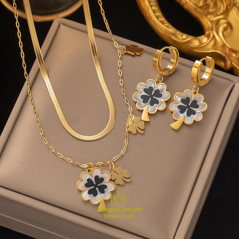 Earrings Necklace Set Four-Leaf Clover Stainless Steel Fashion Eyes Drop Pendant Daywear Jewelry For Women Lucky Turkish Blue