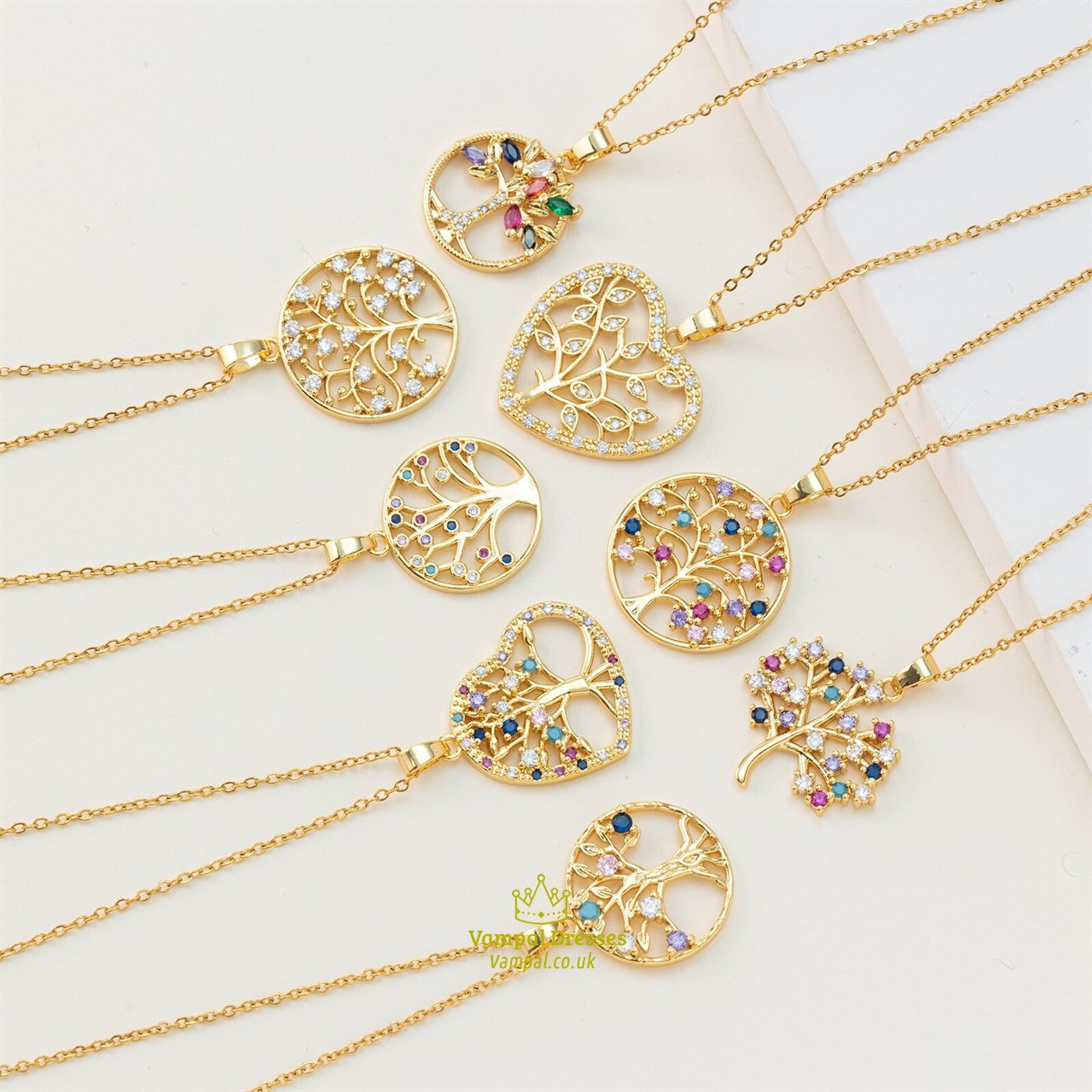 Gold Round Rhinestone Tree Of Life Pendant Necklace