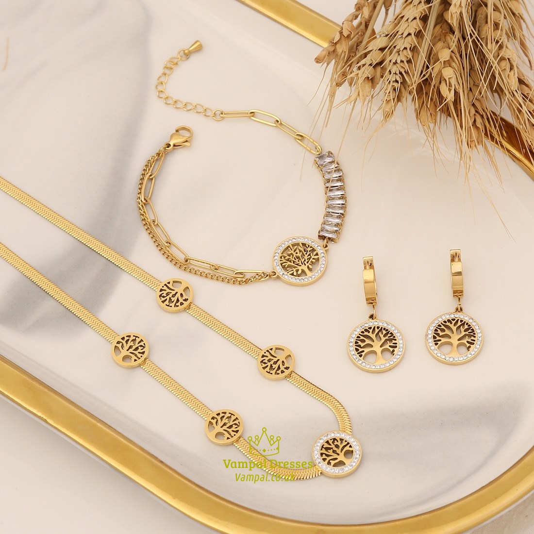 Personalized Life Tree Zircon Necklace Set Stainless Steel