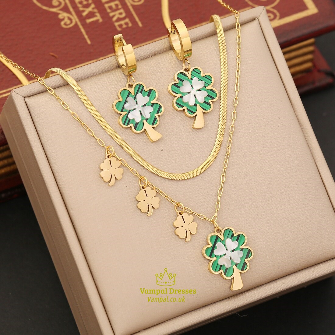 Green White Flower Pendant Necklace, Stainless Steel Flat Snake Chain