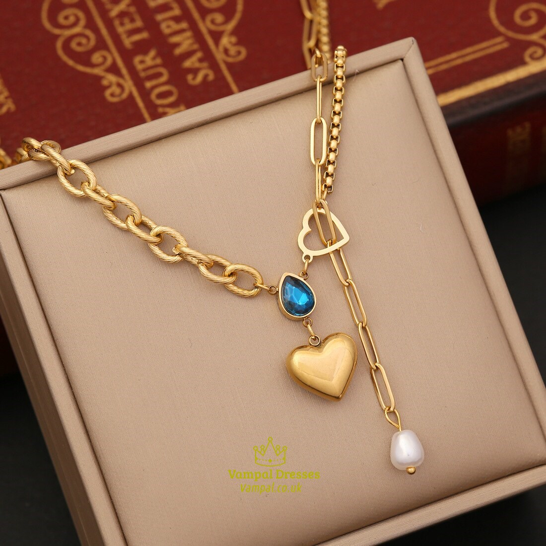 Double Layer Choker Necklace Set With Heart Drop Pearl