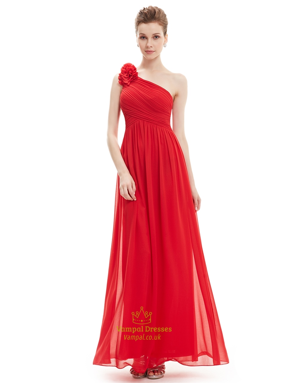 Bodenlanges Brautjungferkleid aus Chiffon mit One-Shoulder-Ausschnitt und Blumenträger