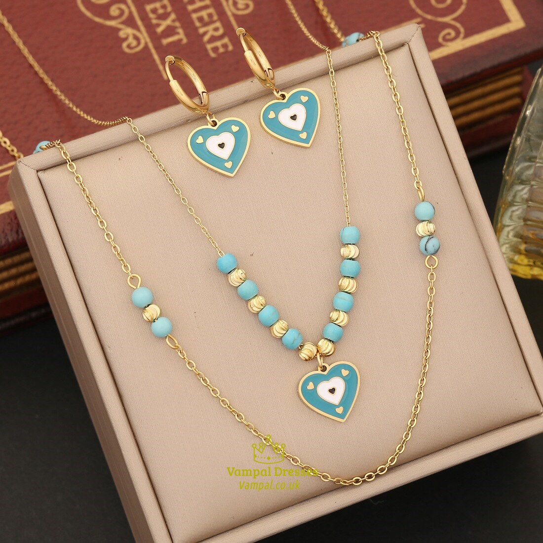 Turquoise Stainless Steel Eye Heart Pendant Necklace