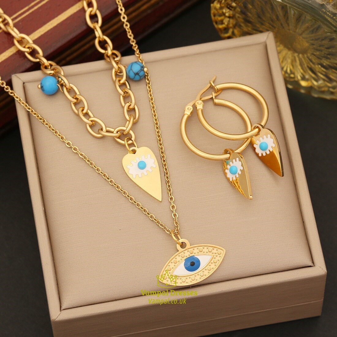 Blue Stone Eye Pendant Stainless Steel 2-Layer Clavicle Necklace