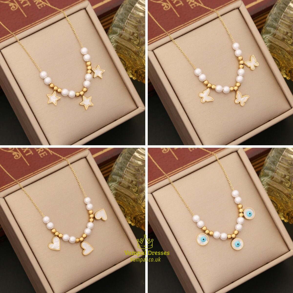 Butterfly Pentagram Heart Pendant Necklace Stainless Steel Shell Bead Chain Jewelry