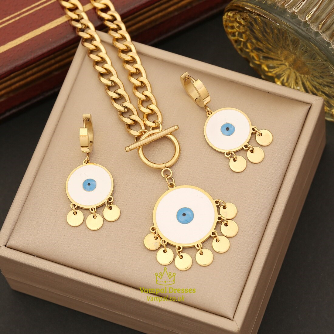 Tassel Round Eye Pendant Necklace And Bracelet Set, Stainless Steel Thick Chain