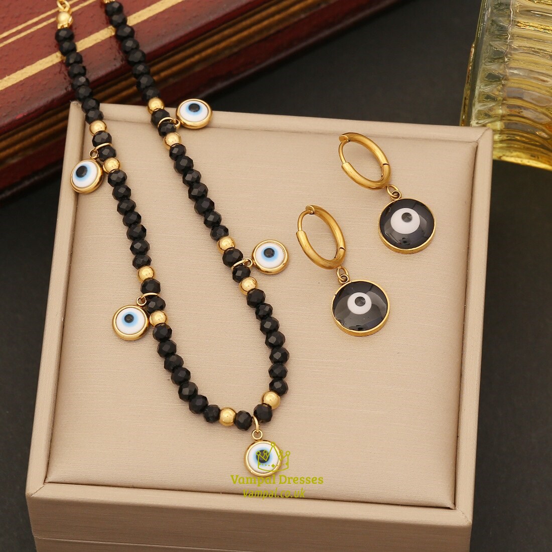 Crystal Beaded Eye Pendant Necklace - Stainless Steel Clavicle Chain