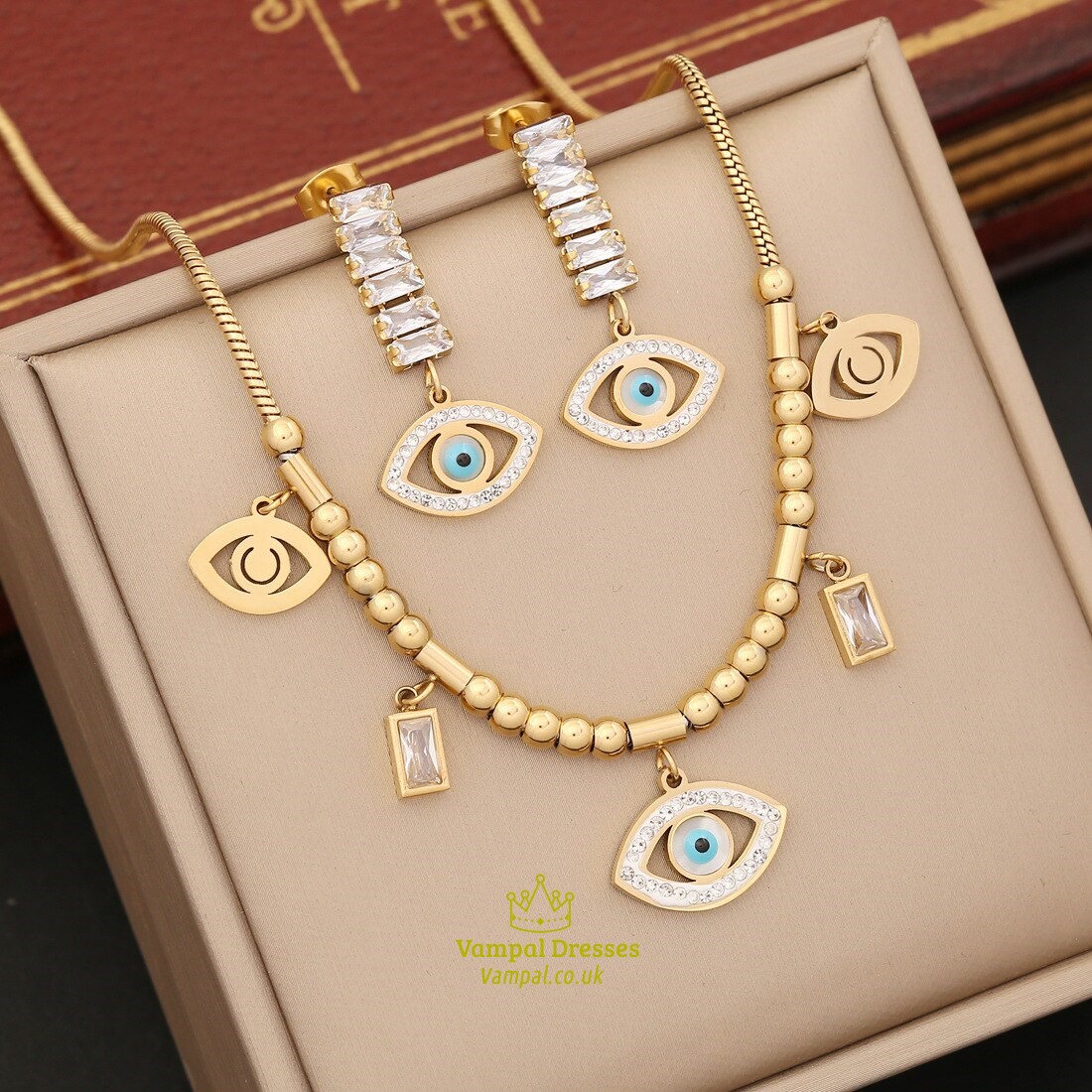 Eye Pendant Necklace Fashion Jewelry Set Gift 36L Stainless Steel New For Women Zircon Collar Chain Girls Beaded Lake Blue