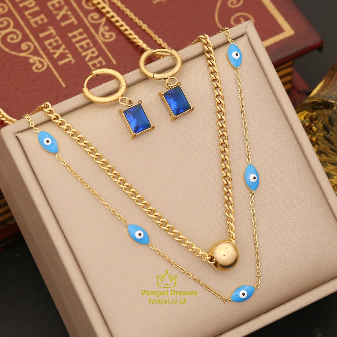 Blue Crystal Eye Necklace, Stainless Steel Two-Layer Waterproof Jewelry