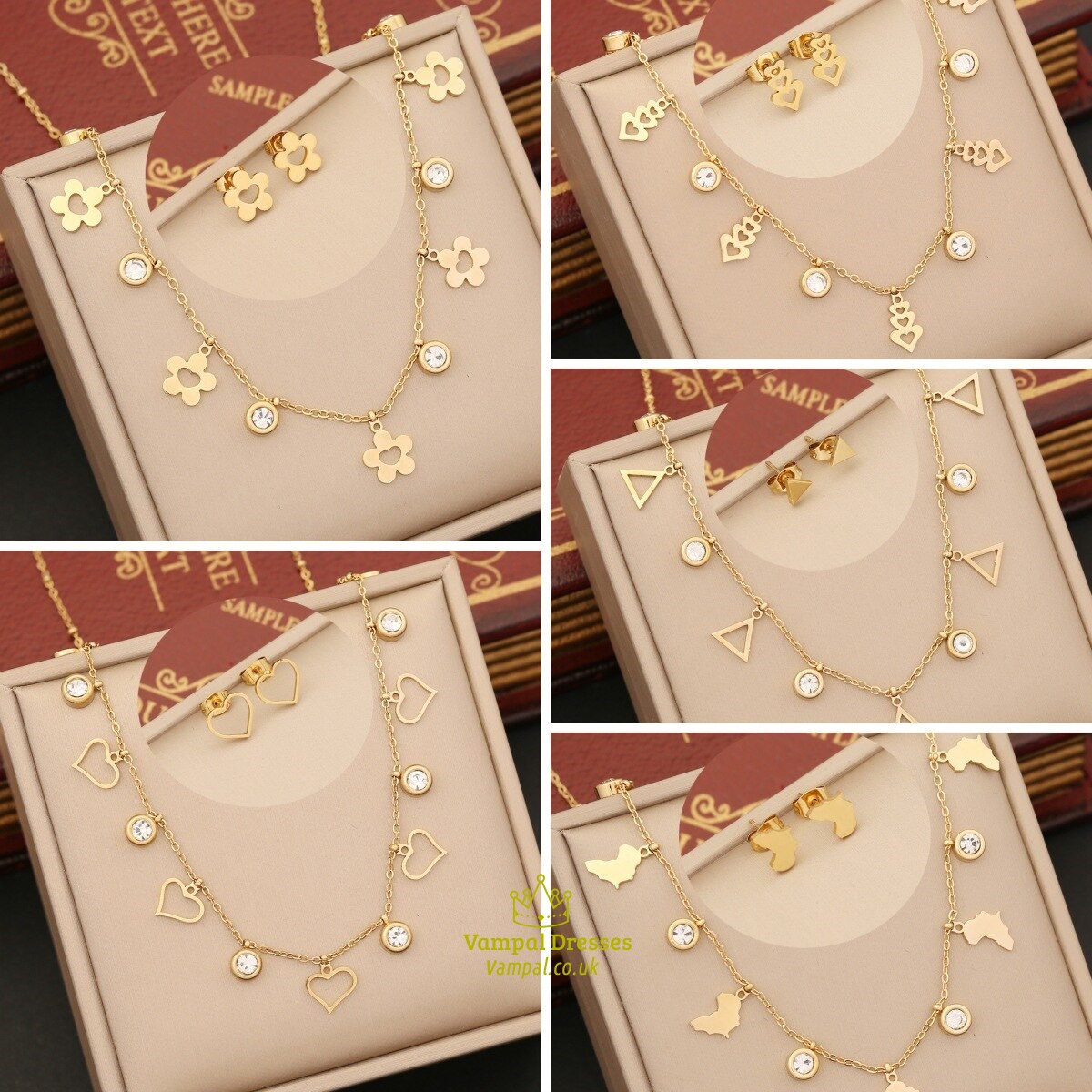Flower Heart Charm Necklace And Earrings Set With Zircon Geometric Pendant