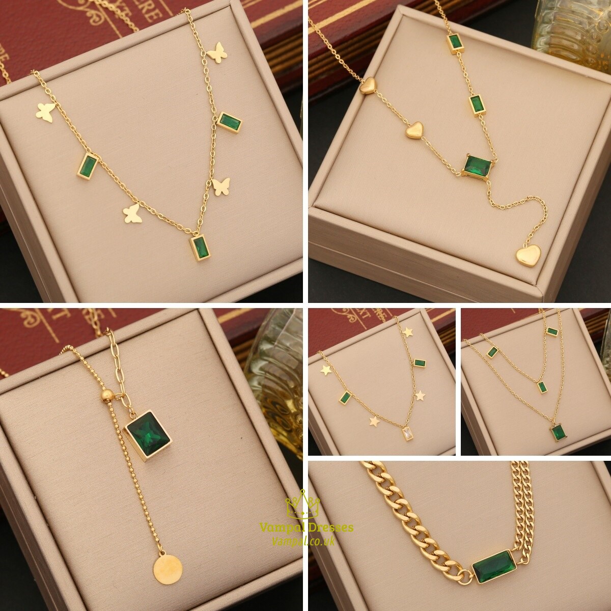 Green Zircon Heart Pendant Necklace Pentagram Butterfly Fashion Jewelry Gold 36L Stainless Steel New Party Gift For Women
