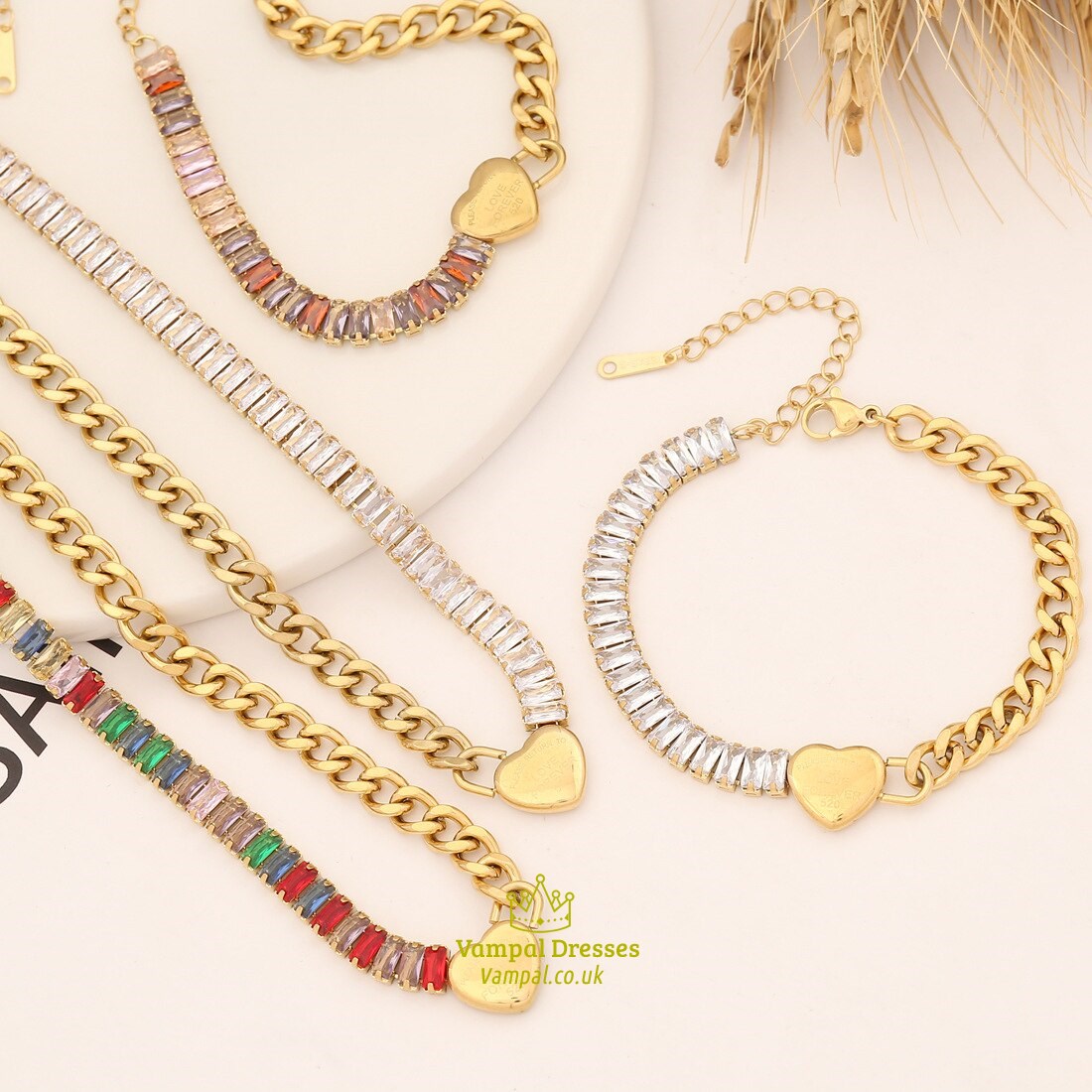 Colorful Square Crystal Necklace Stainless Steel Wedding Jewelry Set