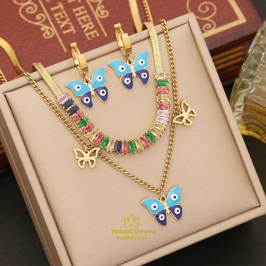 Colorful Zircon Butterfly Pendant Necklace - Stainless Steel, Non-Fading