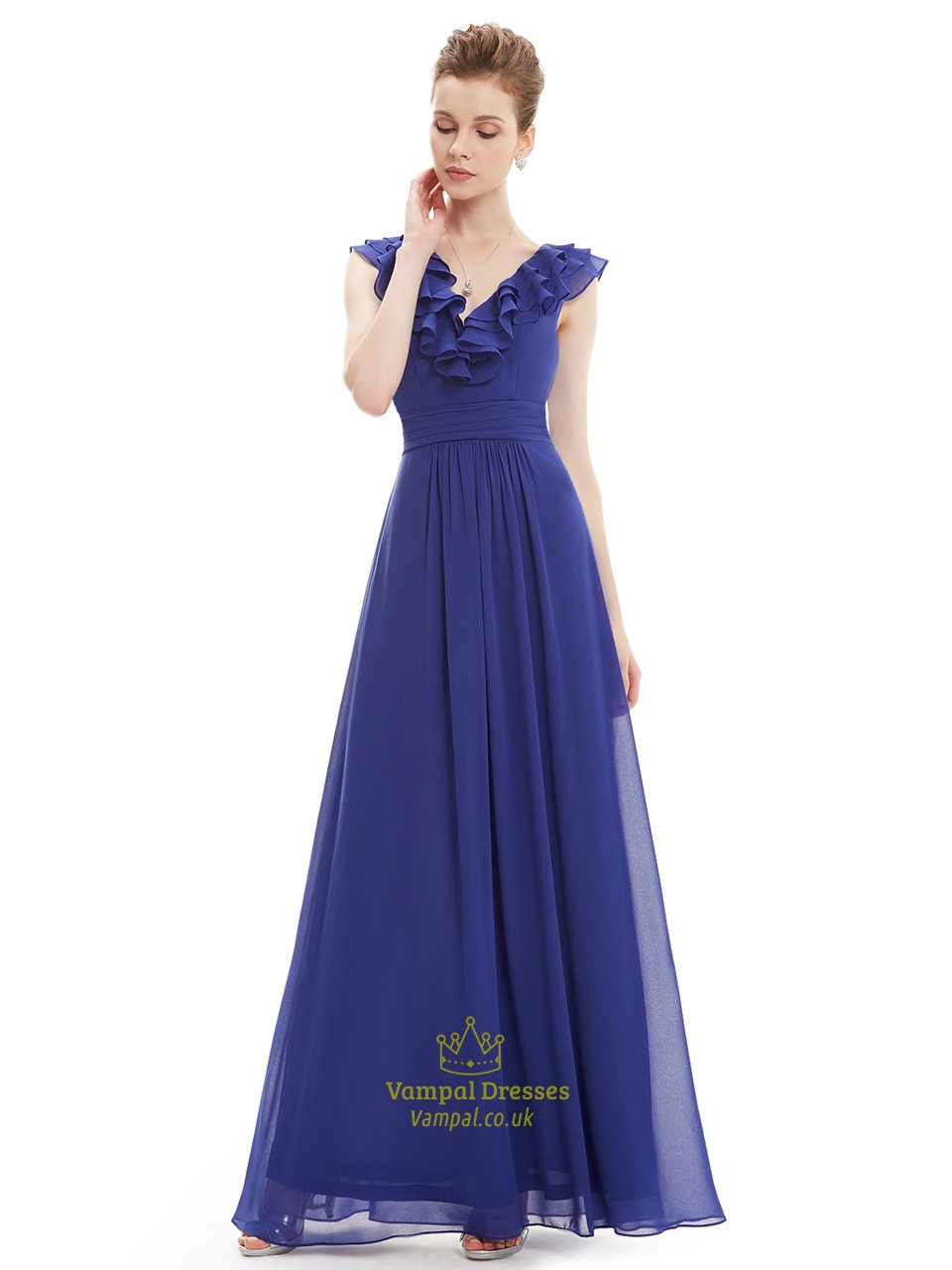 Königblaues gerüschtes Chiffon-Bodenlanges Brautjungferkleid