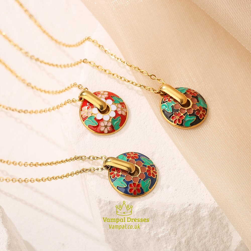 Bohemian Enamel Drop Oil Necklace With Stainless Steel Chain