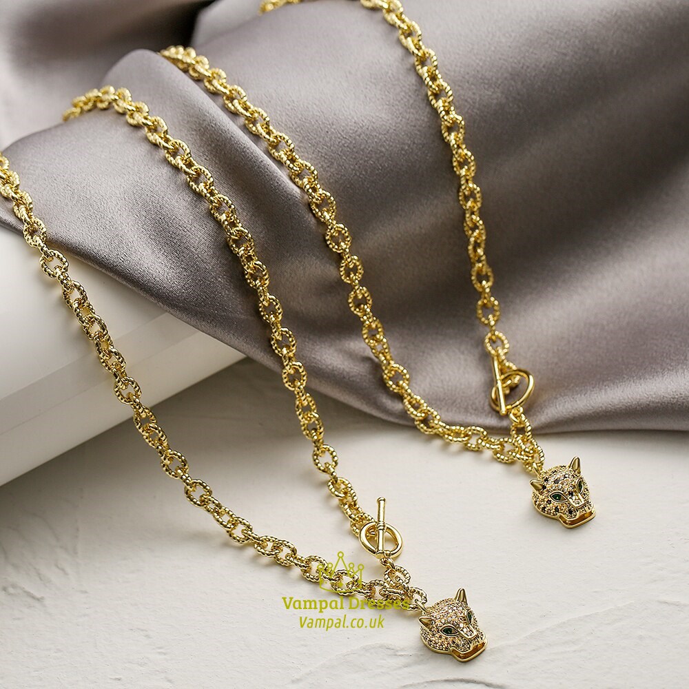 Copper Zircon Leopard Head Pendant Chain Necklace Gold Hip-Hop Style
