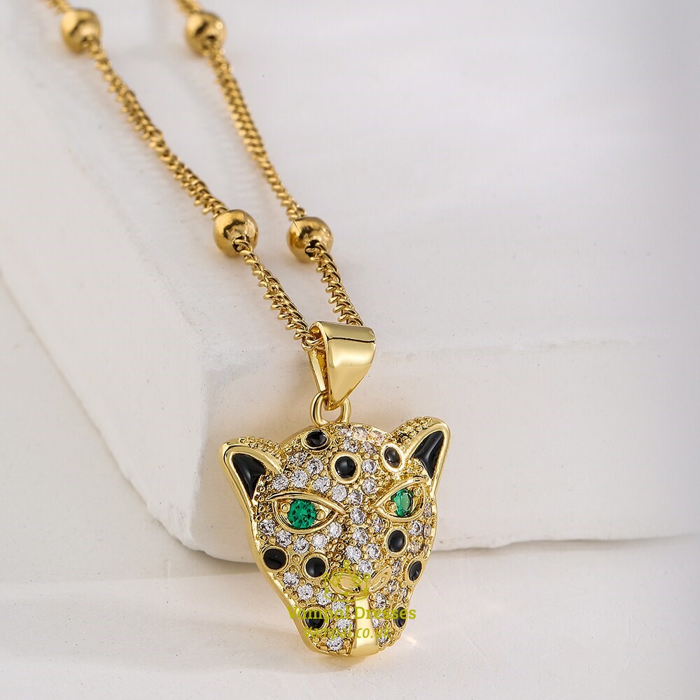 Leopard Head Pendant Necklace Gold Color Cubic Zirconia