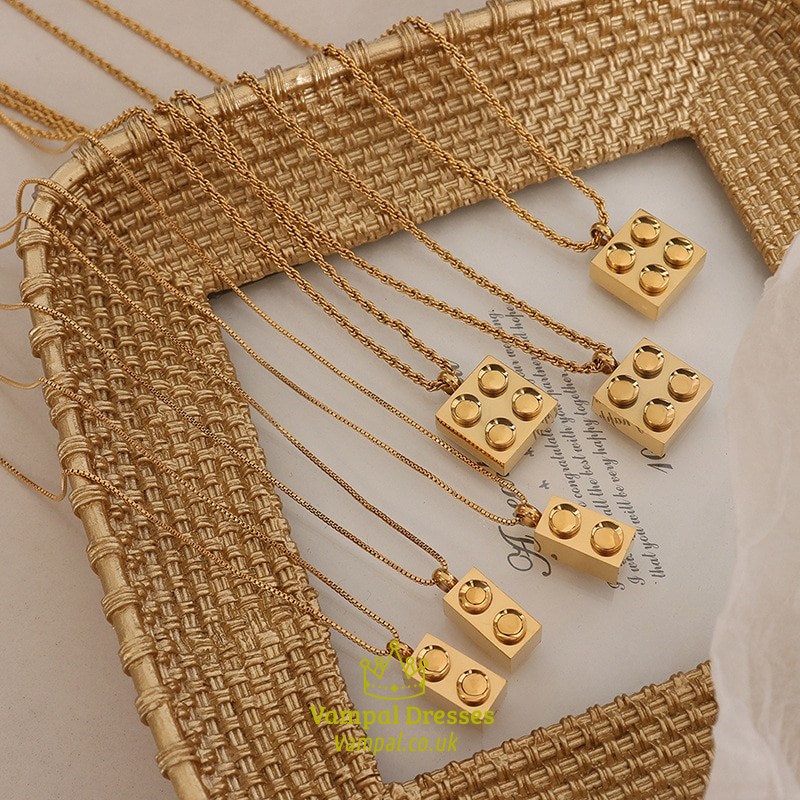 Geometric Minimalist Building Block Shape Pendant Necklace