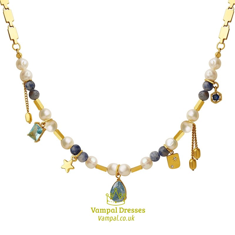 Geometric Freshwater Pearl Stone Chain Necklace