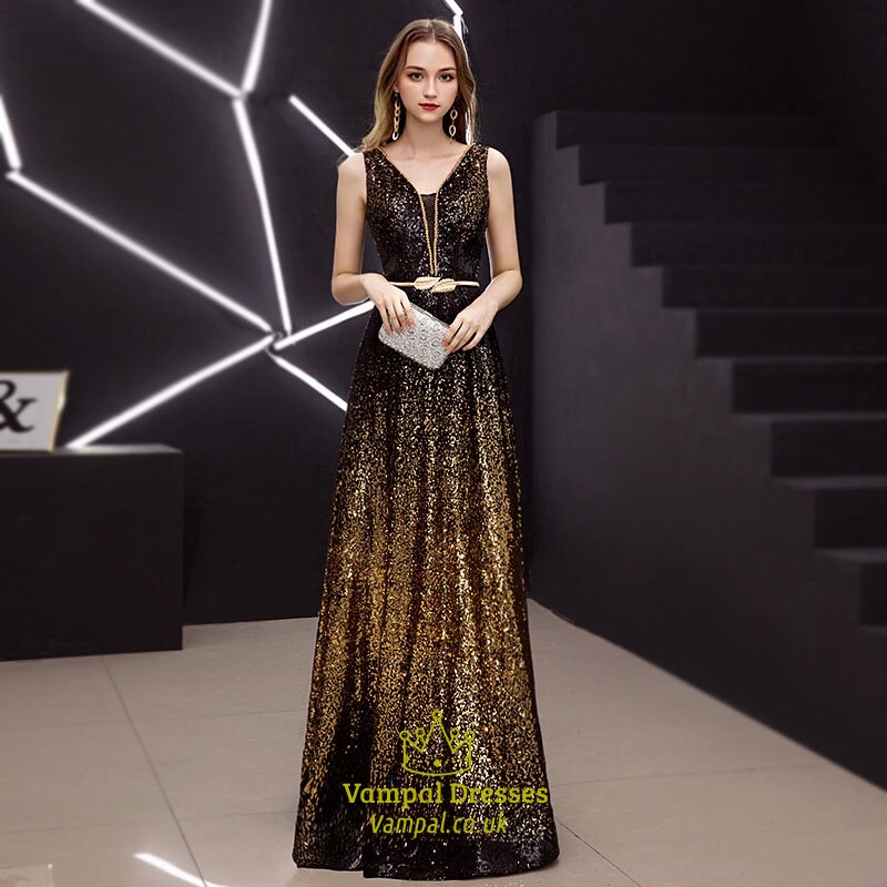 Elegant Perlen V-Ausschnitt Ärmellos Luxus Pailletten Schwarz Und Gold Abendkleid