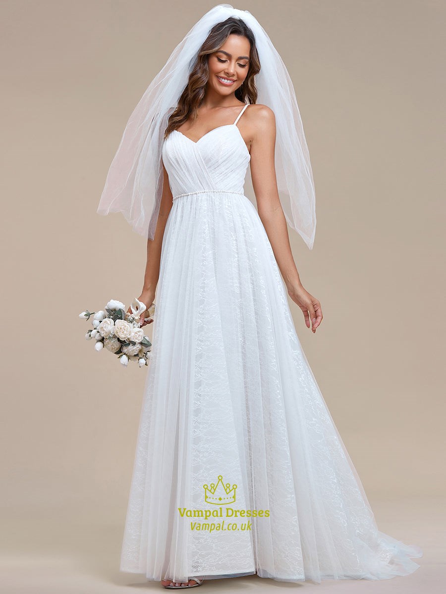 Elfenbein Mesh Hochzeitskleid mit Spaghettiträgern und Spitze