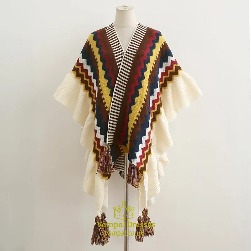 Oversized Knit Poncho Wrap With Fringed Shawl And Striped Bohemian Design
