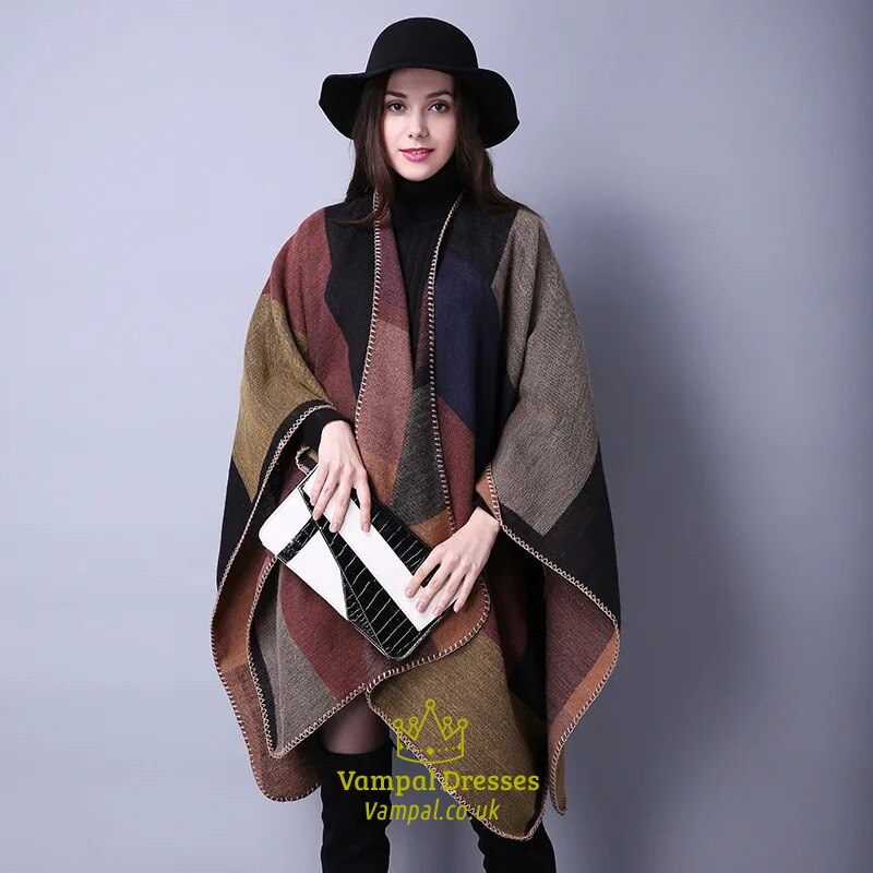 Autumn Winter Lattice Women Travel Shawl Imitation Cashmere European National Style Fork Thickened Cloak Ponchos Capes
