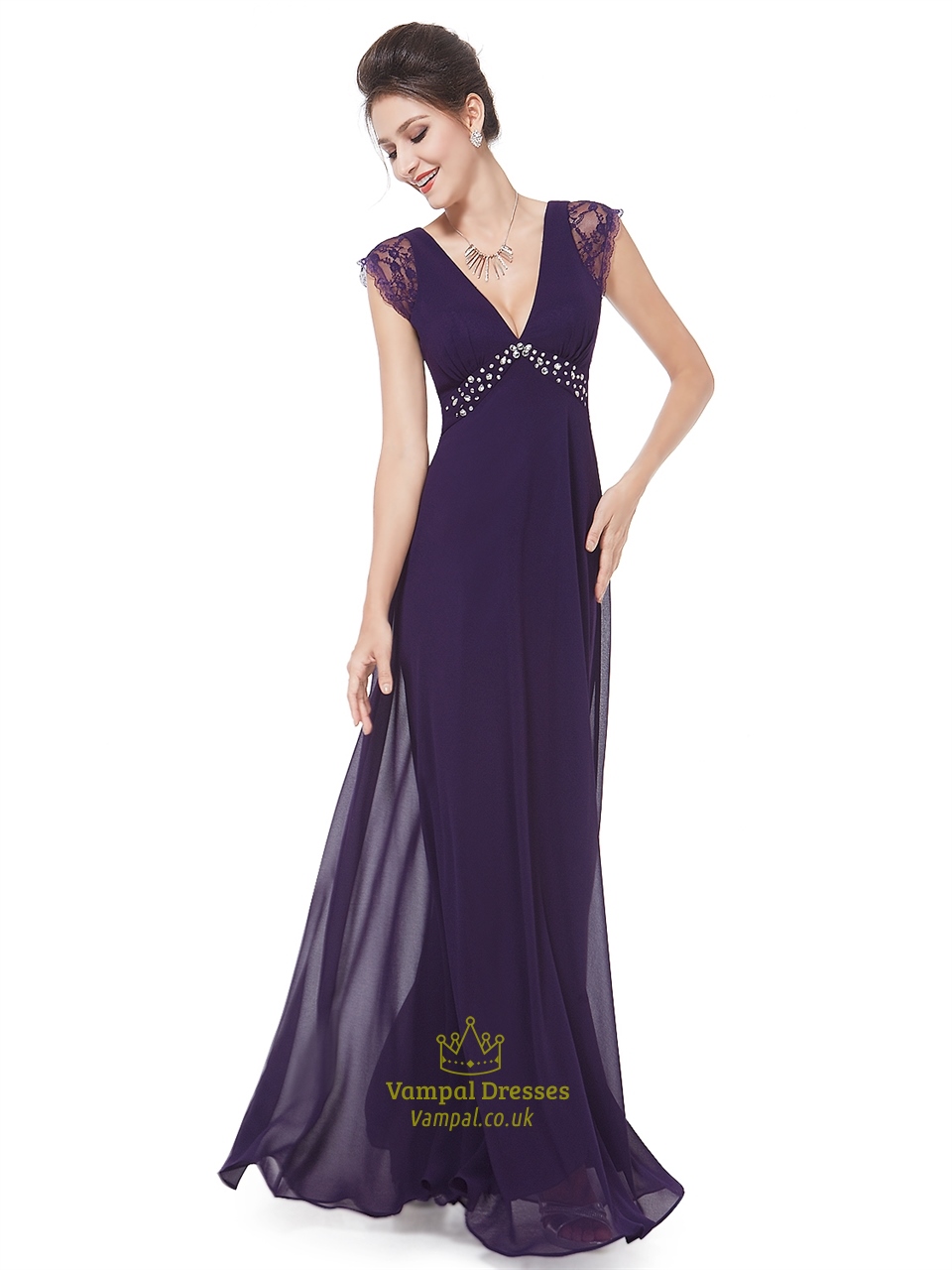 Lila V-Ausschnitt Chiffon Abendkleid mit Spitzen-Cap-Ärmeln und Perlenbesatz
