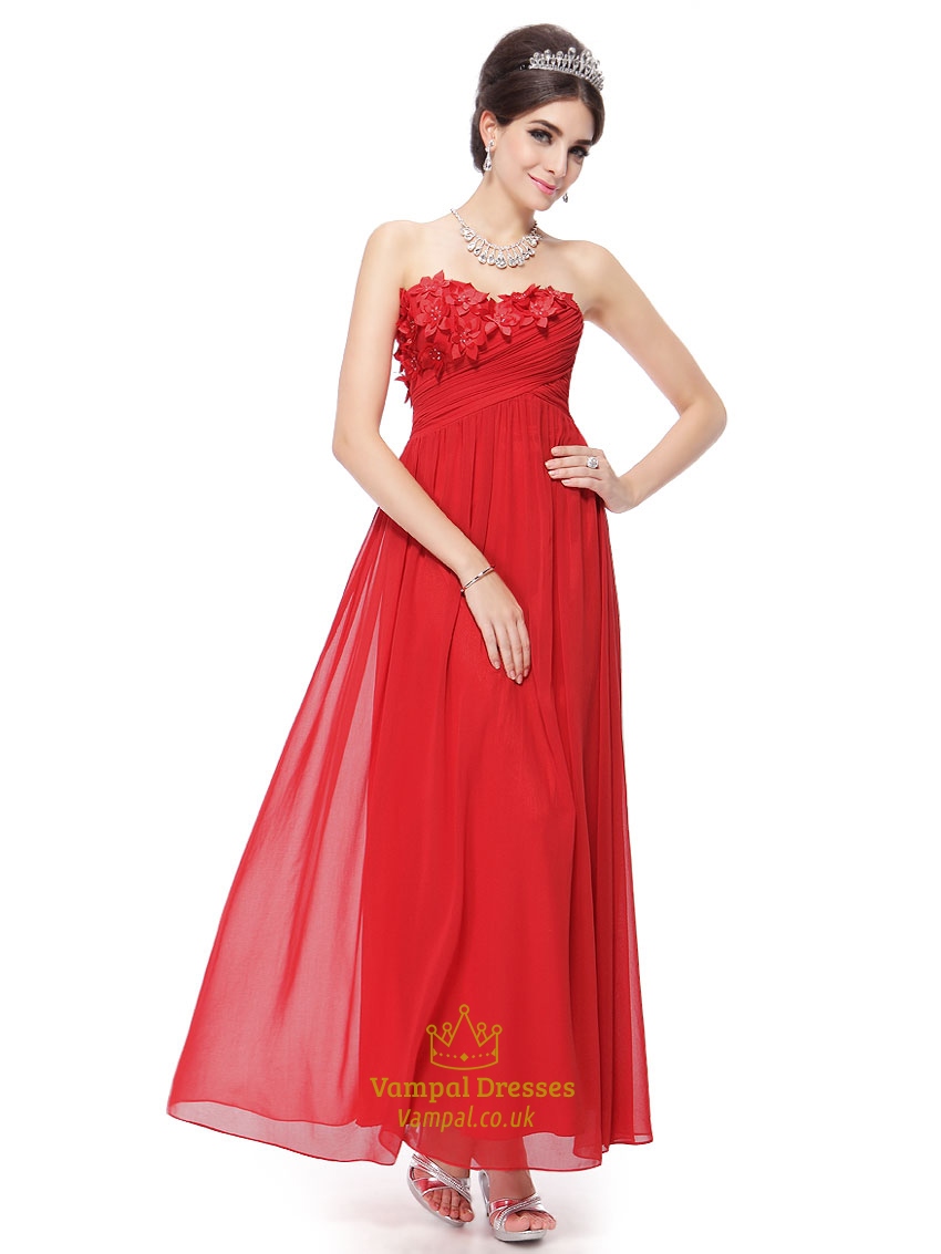 Red Chiffon Strapless Floor Length Bridesmaid Dress With Floral Detail
