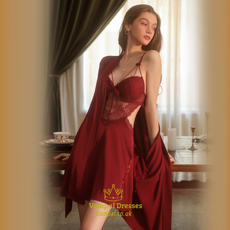 French Romantic Lace Silk Satin Night Gown And Robe Pajama Set