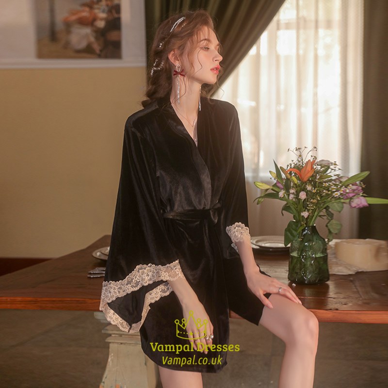 Backless Robe Women 588 Pink Robe Velvet Contrast Lace Backless Slip Nightgown And Belt ...