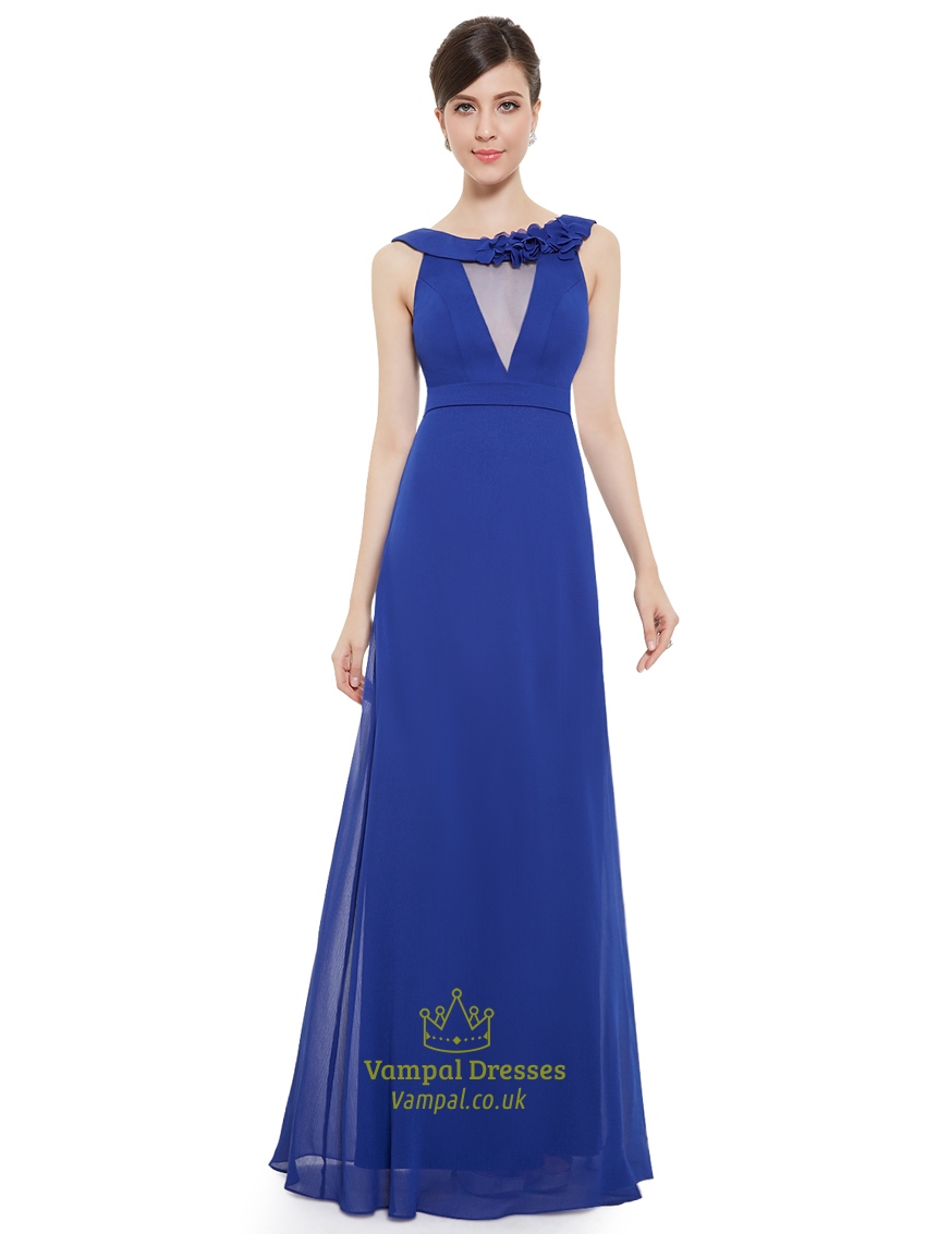 Royal Blue Chiffon Bridesmaid Dress With Jewelled Neckline And Flower Detail