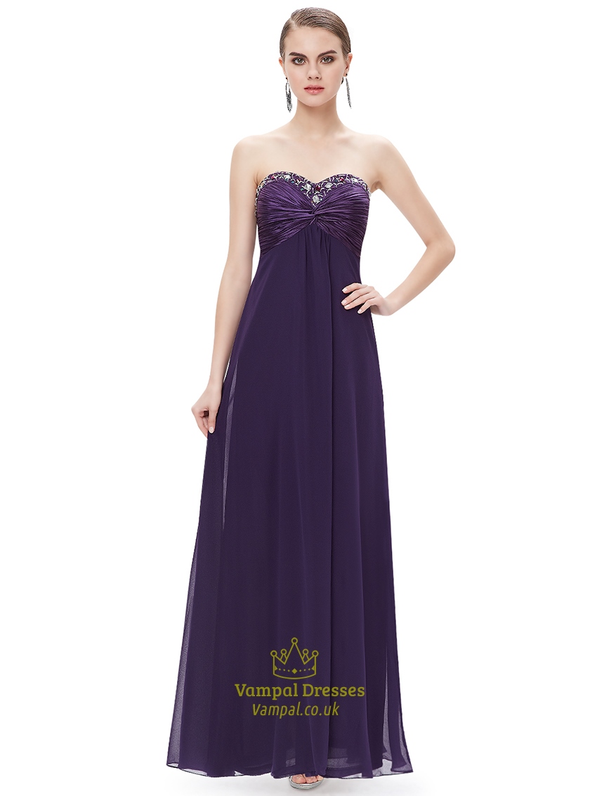 Purple Chiffon Sweetheart Empire Bridesmaid Dress With Beaded Neckline