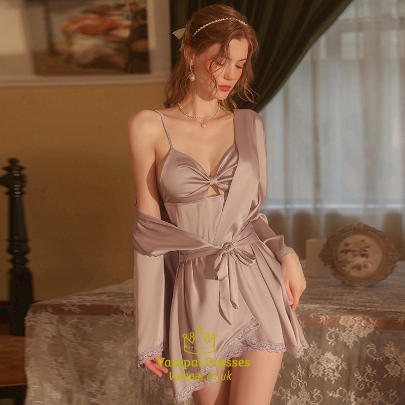 Silk Satin Bow Knot Nightdress And Robe Pajama Set