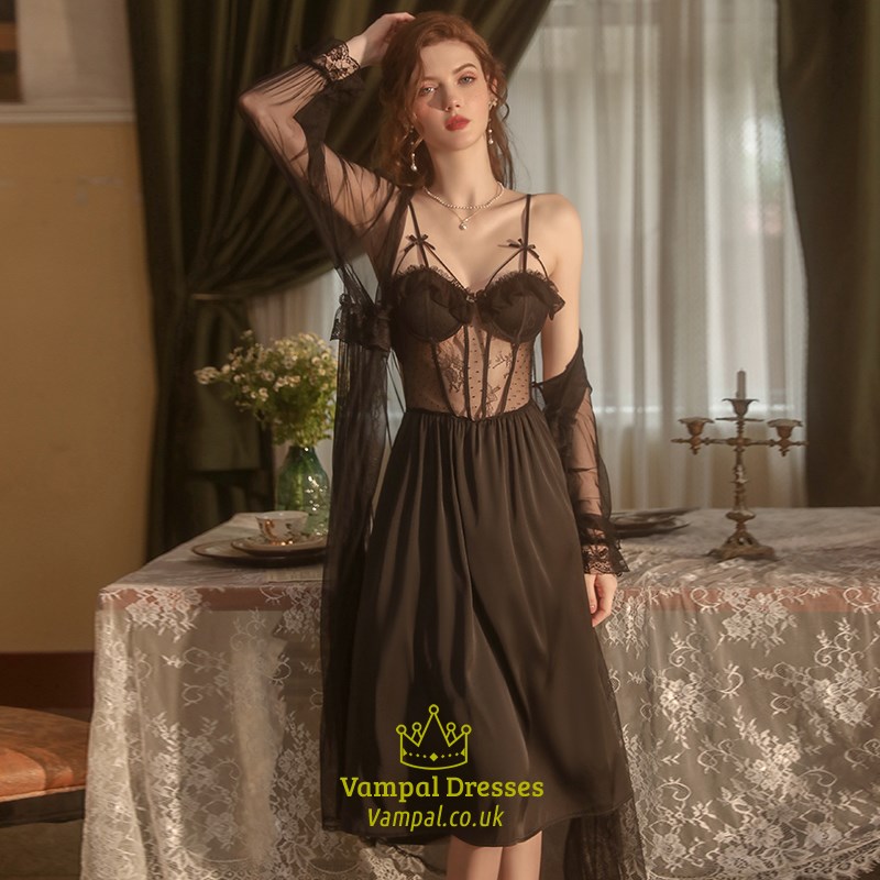 Polka Dot Mesh Patchwork Satin Nachthemd Und Bademantel-Set