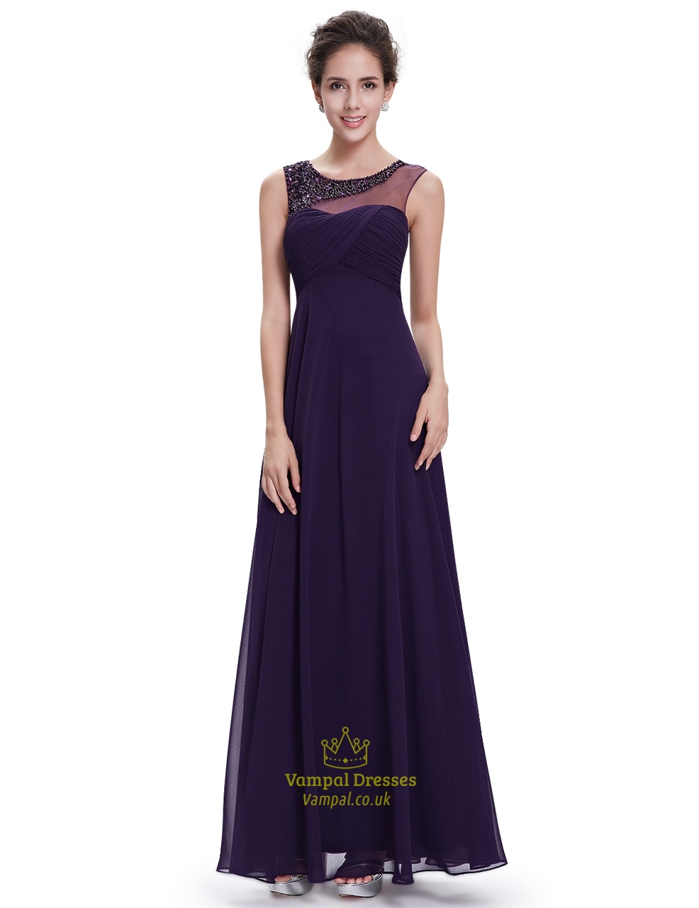 Lila Ärmelloses Chiffon Bodenlanges Prom Dress Mit Perlenbesetztem Ausschnitt