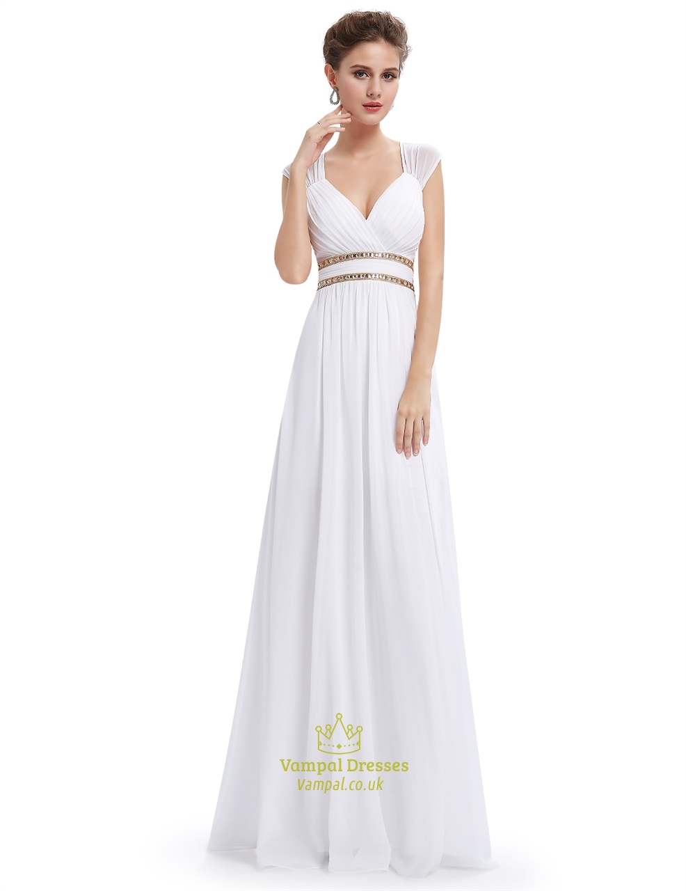 Weißes Chiffon Brautjungfernkleid Mit Cap Sleeve Und Offenem Rücken