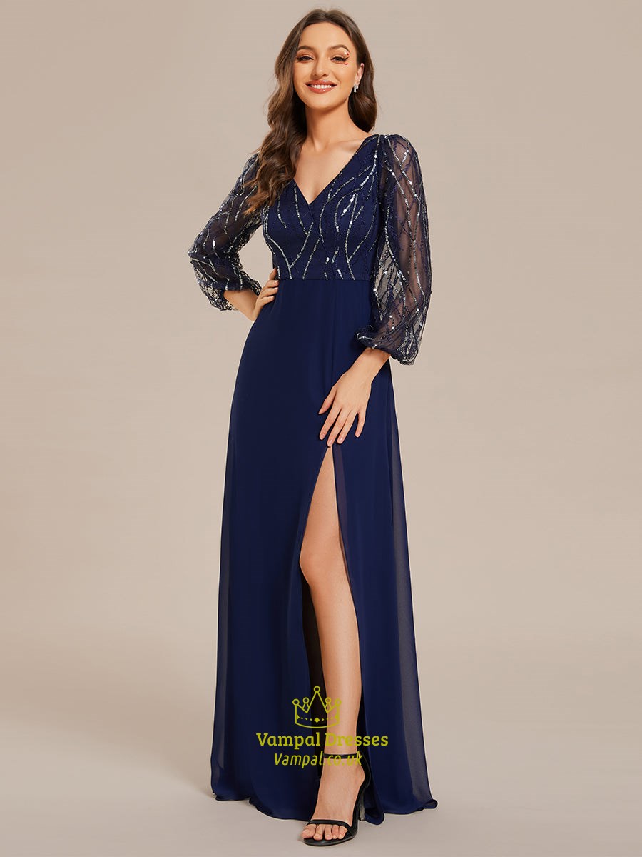 navy Blue maxi Sequinned Evening Gown with Long Sleeves
