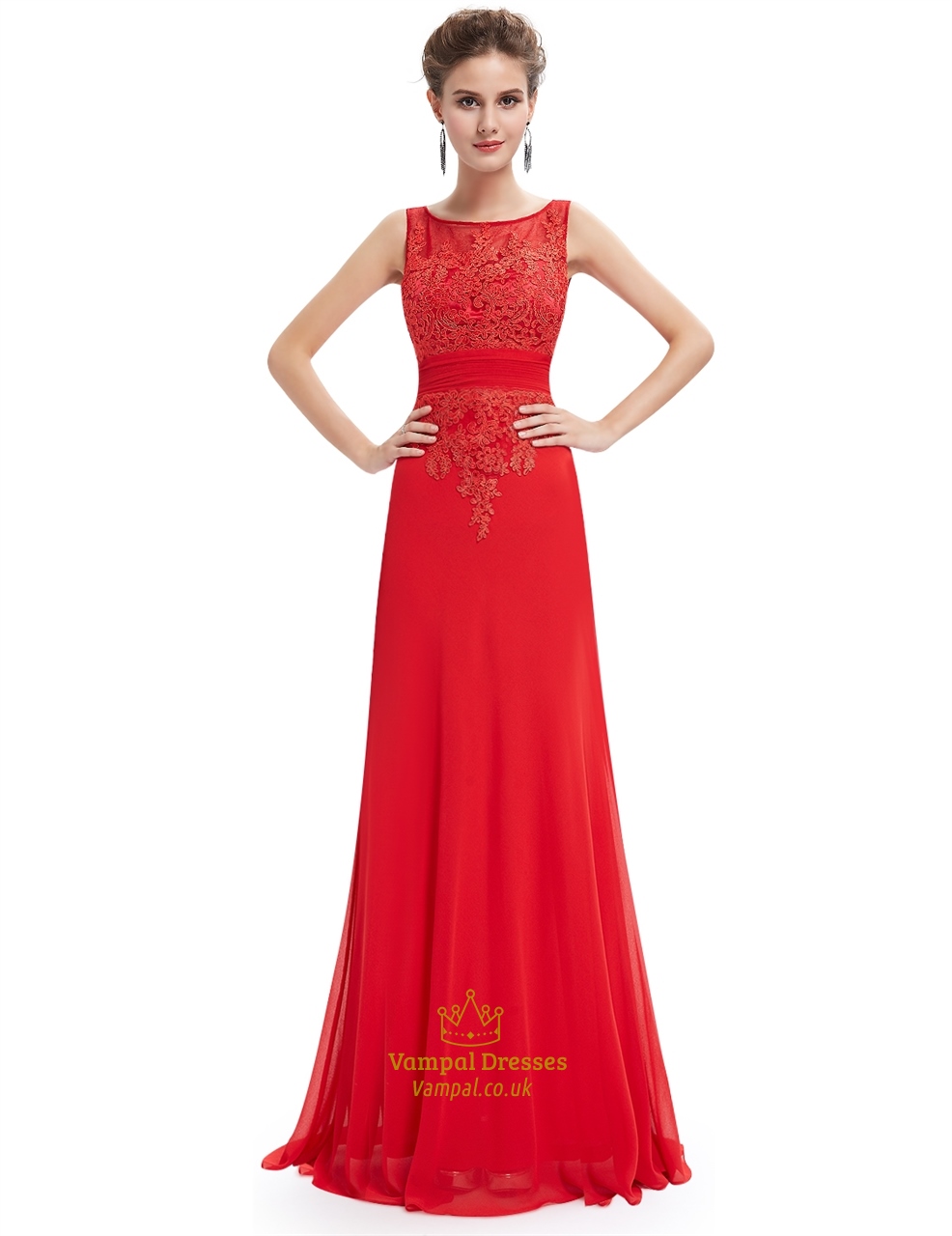 Rotes Chiffon-Abschlussballkleid mit offenem Rücken und perlenbesetzter Spitzenapplikation