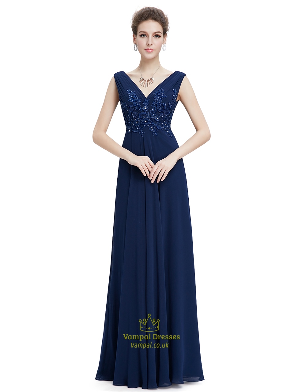 Marineblaues bodenlanges Chiffon-Abschlussballkleid mit perlenbesetzter Spitzenapplikation