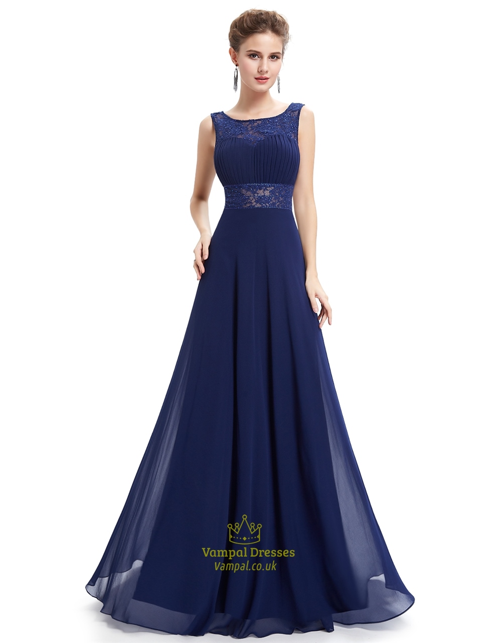 Marineblaues Chiffon-Abschlussballkleid mit offenem Rücken und Spitzen-Cut-Out-Taille