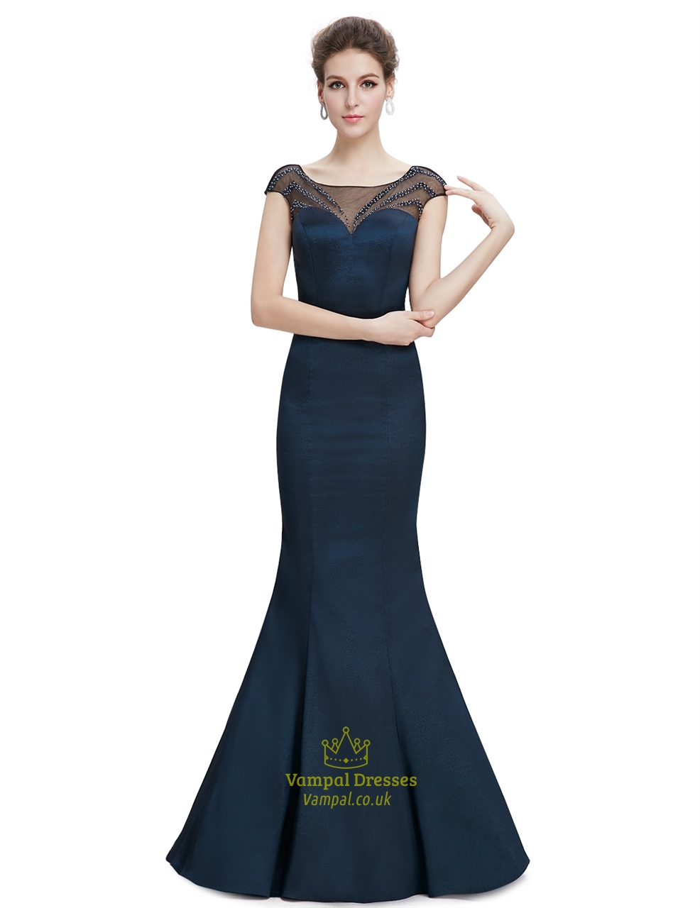 Marineblaues Abschlussballkleid mit transparentem Rücken und perlenbesetztem Oberteil