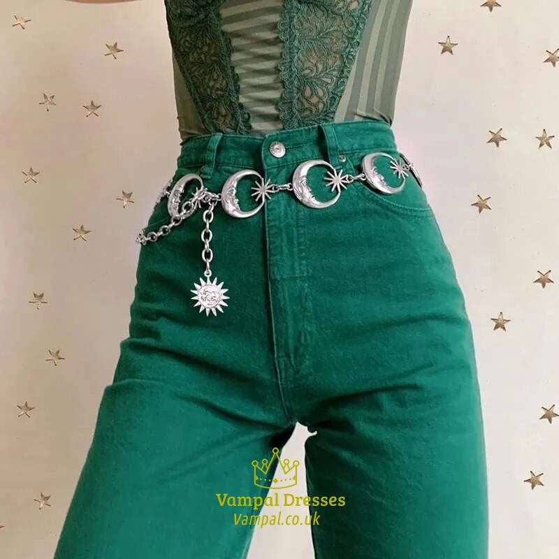 gold/Silver Narrow Gothic Moon Chain Belt For Women