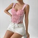 Pink Halter V-Neck Crop Top With 3D Rose Flowers