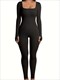solid color casual yoga jumpsuit, square neck slim fit with thumb holes yoga bodysuit, women's activewear
