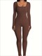 solid color casual yoga jumpsuit, square neck slim fit with thumb holes yoga bodysuit, women's activewear